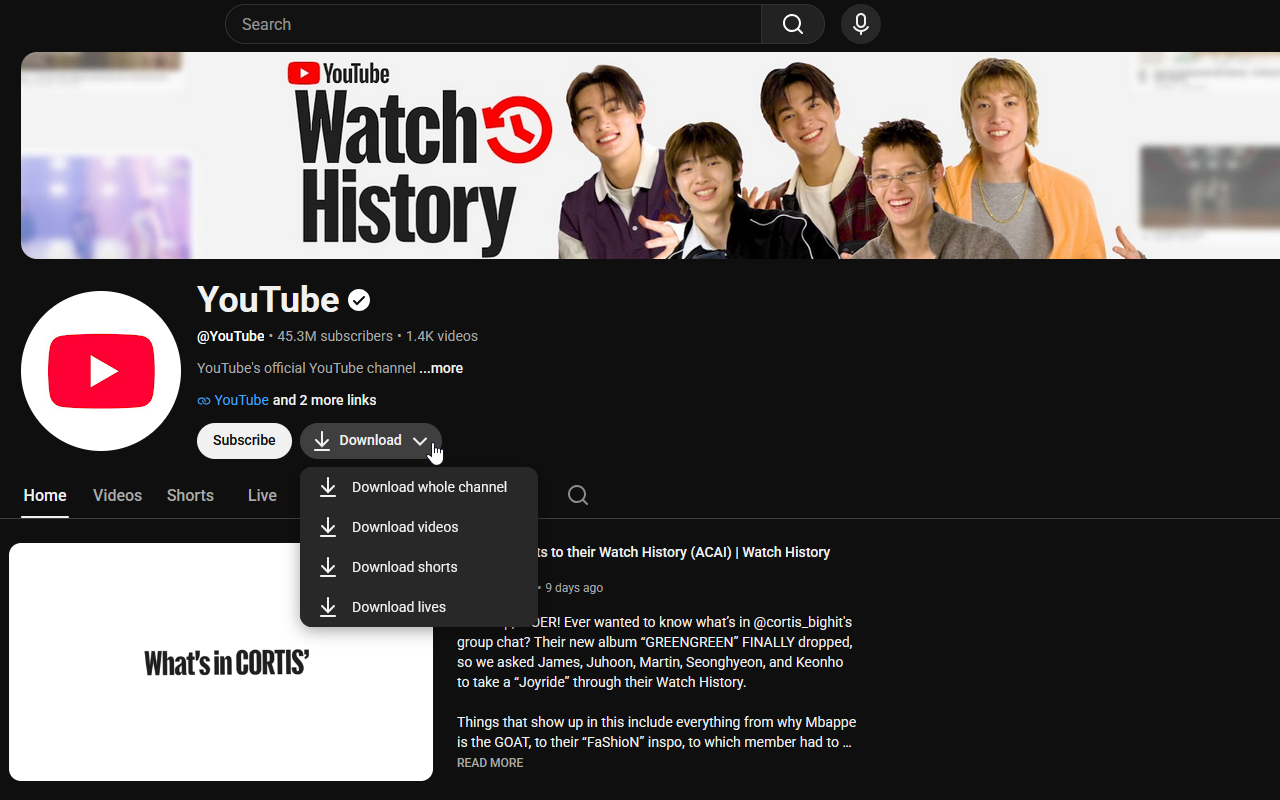 ClipTap channel download scope menu