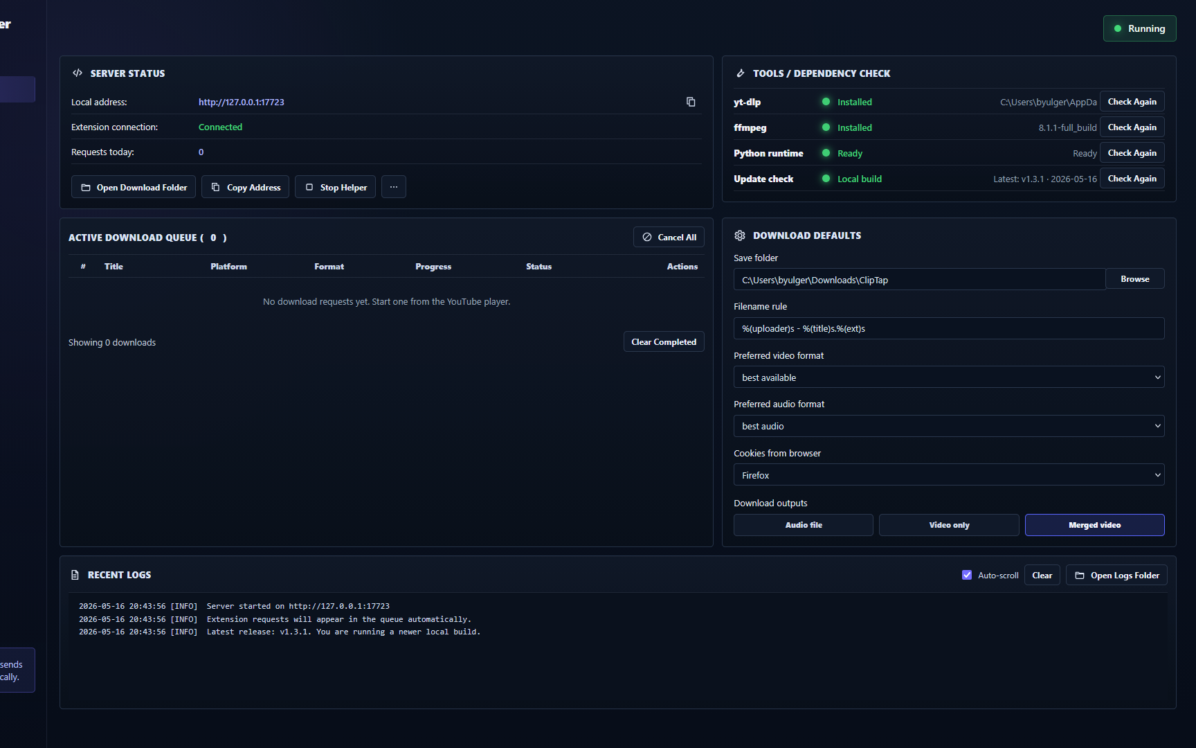 ClipTap Helper dashboard