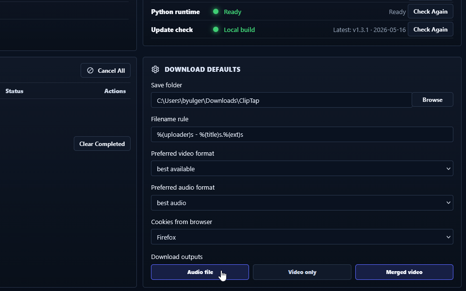 ClipTap Helper download output defaults