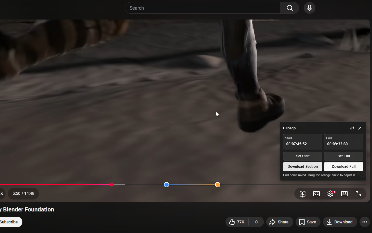 ClipTap selected section controls inside the YouTube player