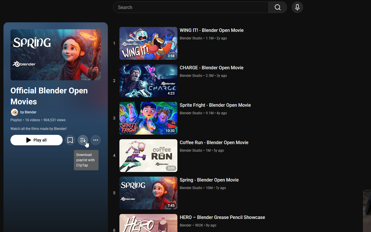 ClipTap playlist page download button