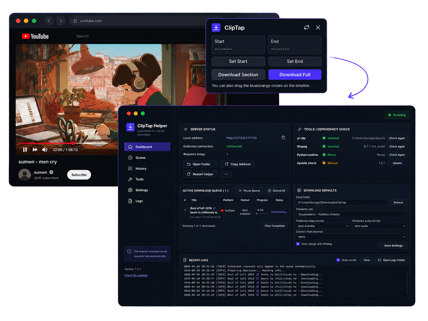 ClipTap browser extension panel and Helper dashboard preview